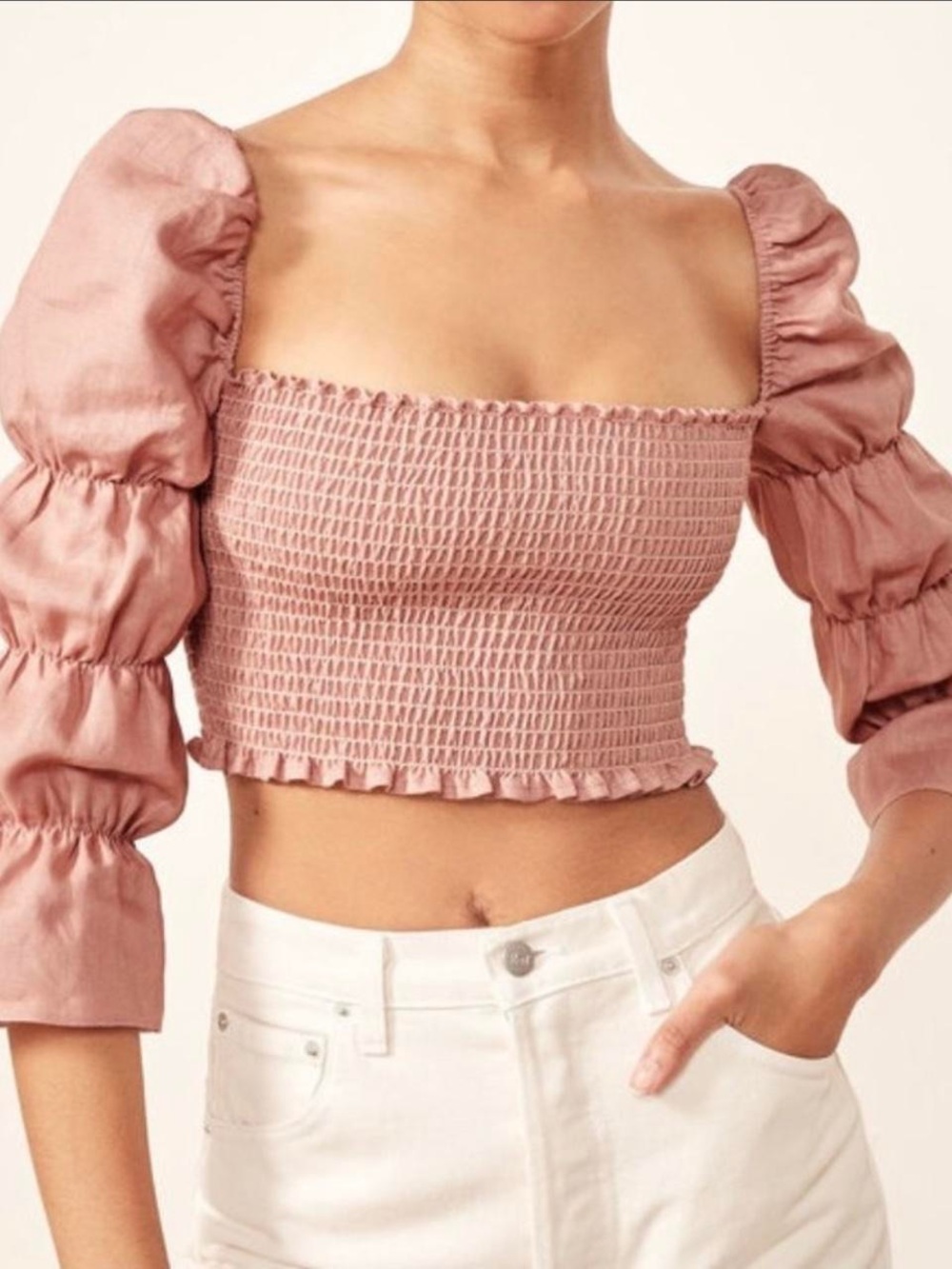 Reformation Dusty Rose Smocked Puff-Sleeve Crop Top